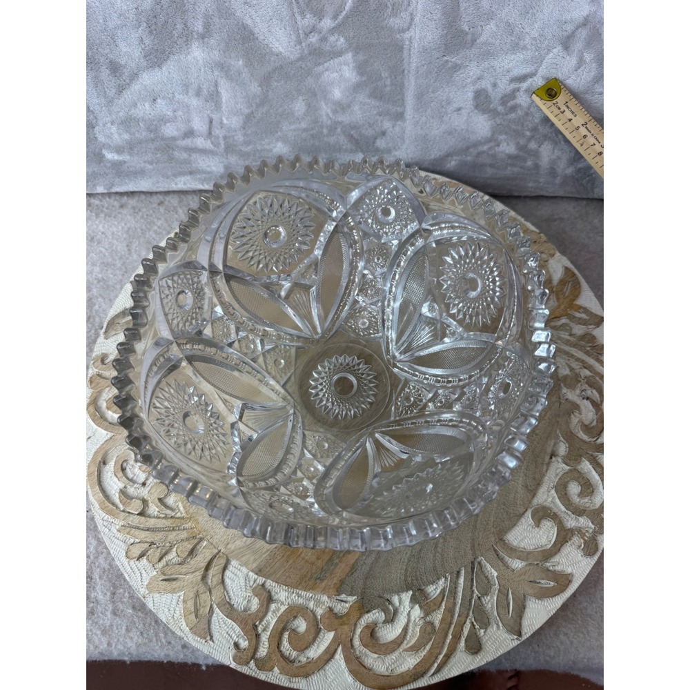 Vintage Cut Glass Hobstar Bowl Sawtooth Rim Crystal Centerpiece 8 Inch Round‎